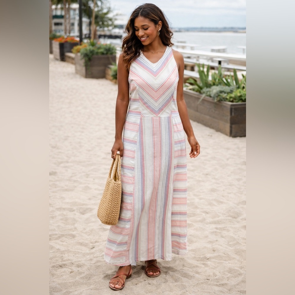 J. Jill Striped Maxi Dress Sleeveless Pink Gray White Cotton Women’s Medium